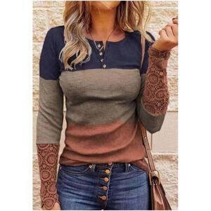 Navy Brown Ribbed Button Embroidered Sleeve Top